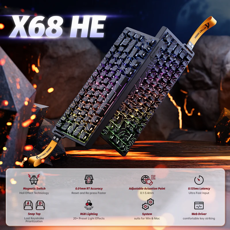 ATTACK SHARK X68 HE Rapid Trigger Magnetic Switch Gaming Keyboard with RGB Backlighting