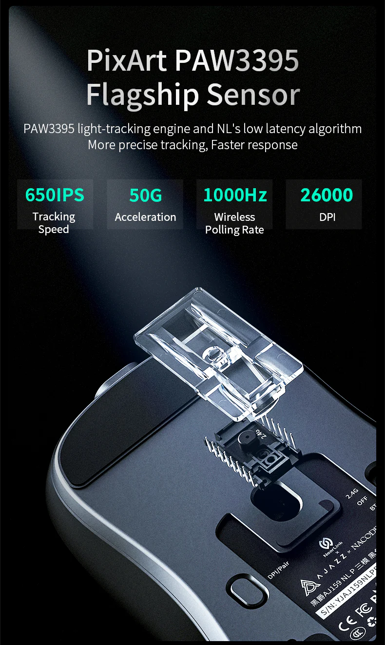 Ajazz AJ159 NL Ultra-Lightweight Wireless Gaming Mouse in White, high-performance sensor for competitive gaming.