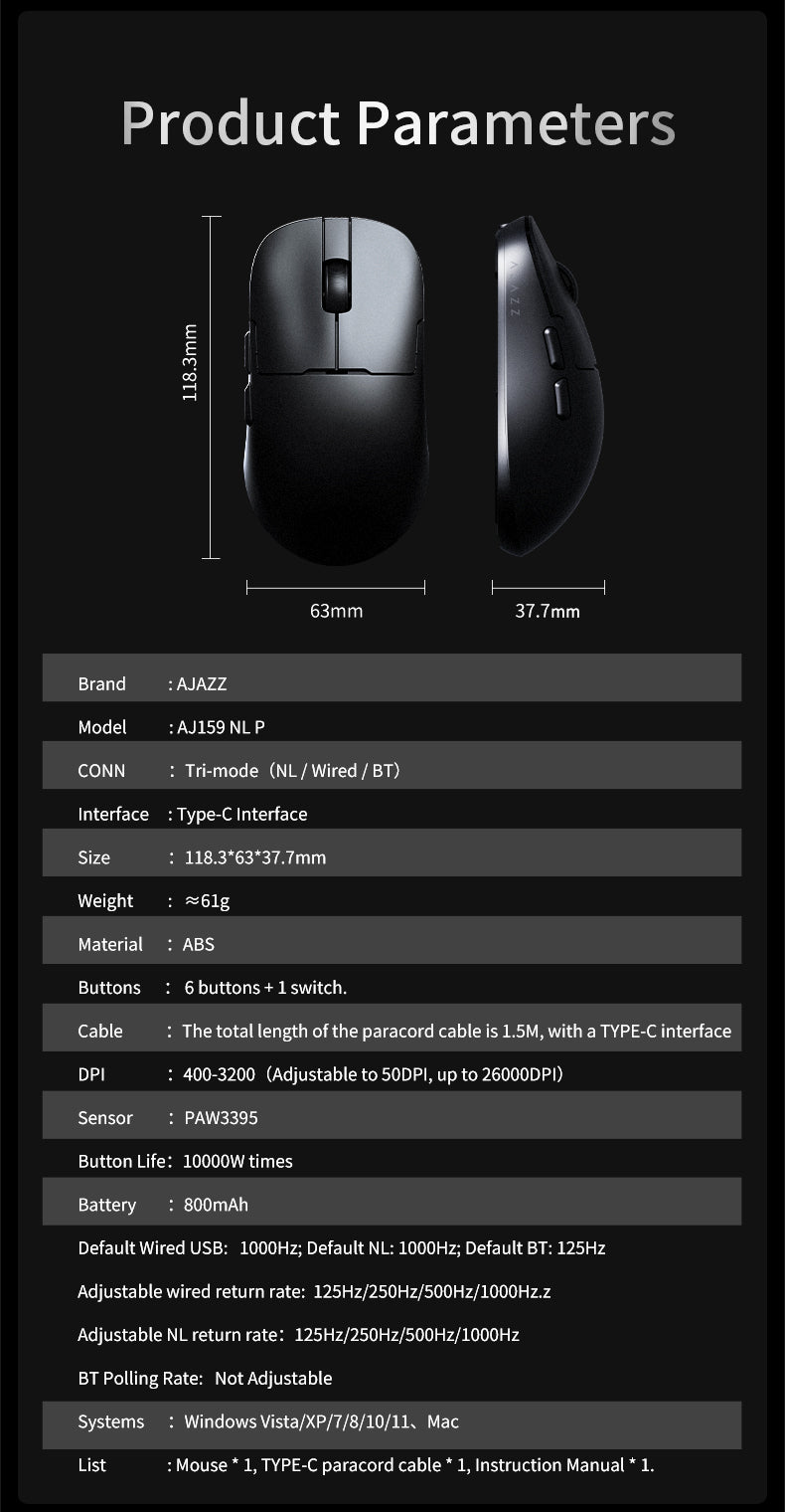 Ajazz AJ159 NL Ultra-Lightweight Wireless Gaming Mouse in White, high-performance sensor for competitive gaming.
