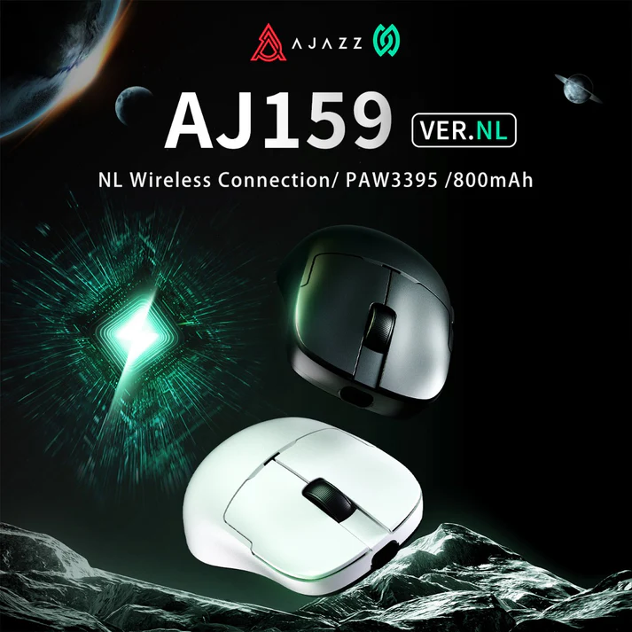 Ajazz AJ159 NL Ultra-Lightweight Wireless Gaming Mouse in White, high-performance sensor for competitive gaming.