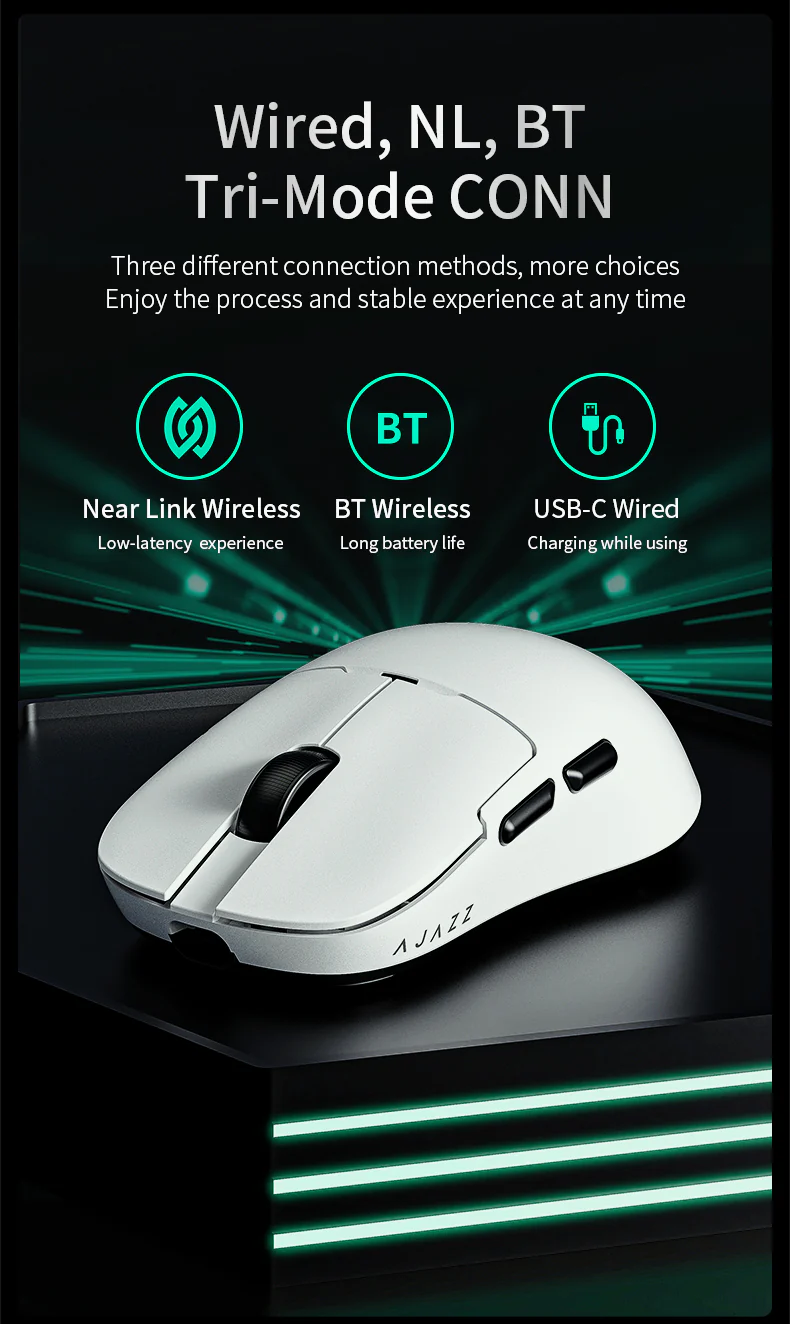 Ajazz AJ159 NL Ultra-Lightweight Wireless Gaming Mouse in White, high-performance sensor for competitive gaming.