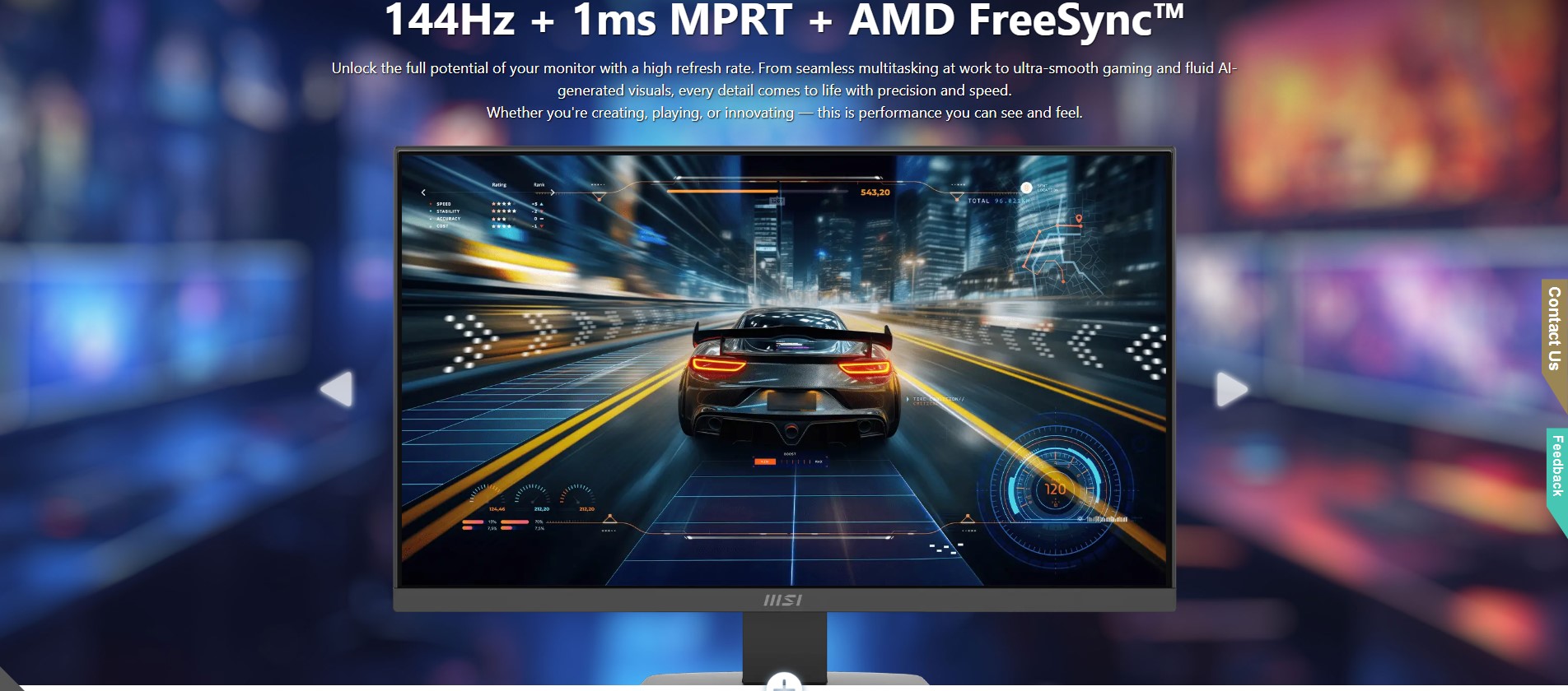 MSI MP243L E12 monitor displaying a colorful screen on a modern wooden desk setup