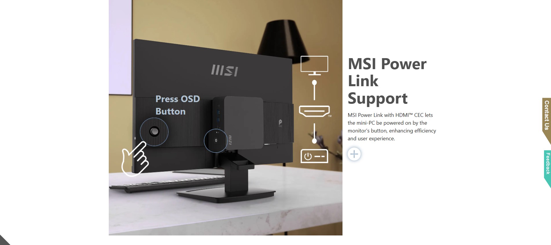 MSI MP243L E12 monitor displaying a colorful screen on a modern wooden desk setup