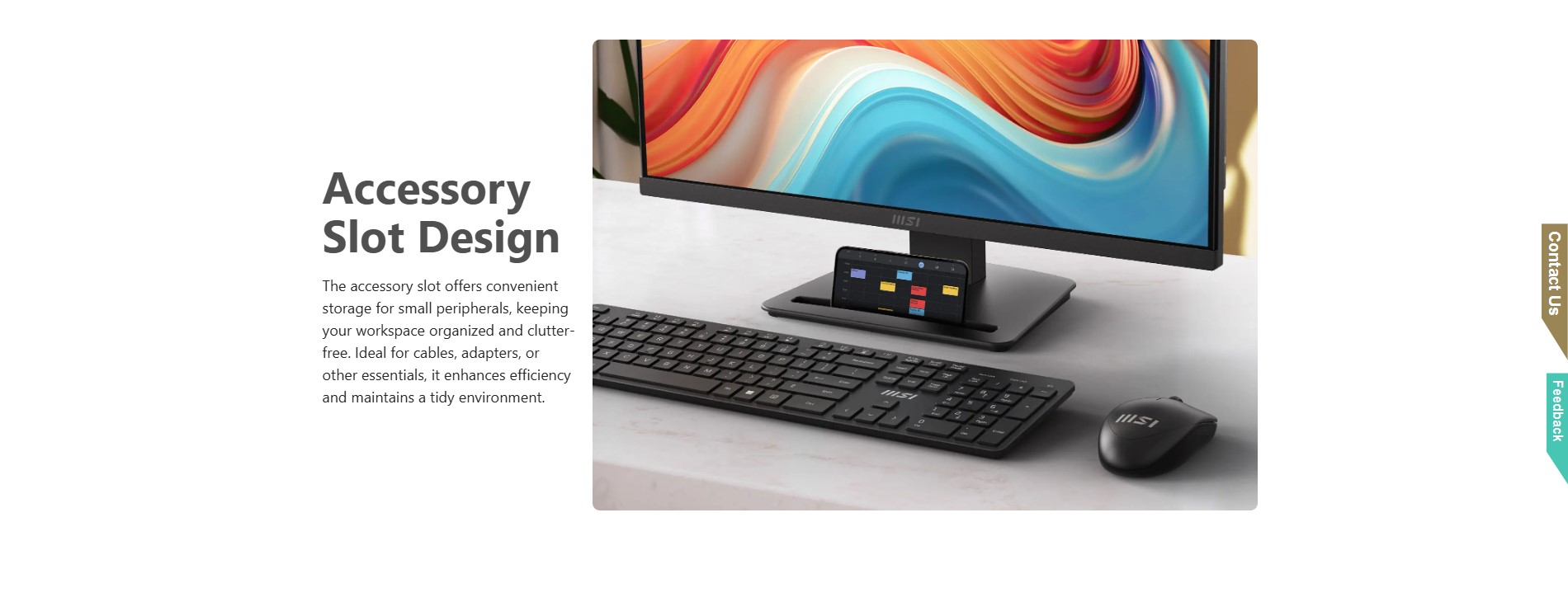 MSI MP243L E14 monitor displaying a colorful screen on a modern wooden desk setup