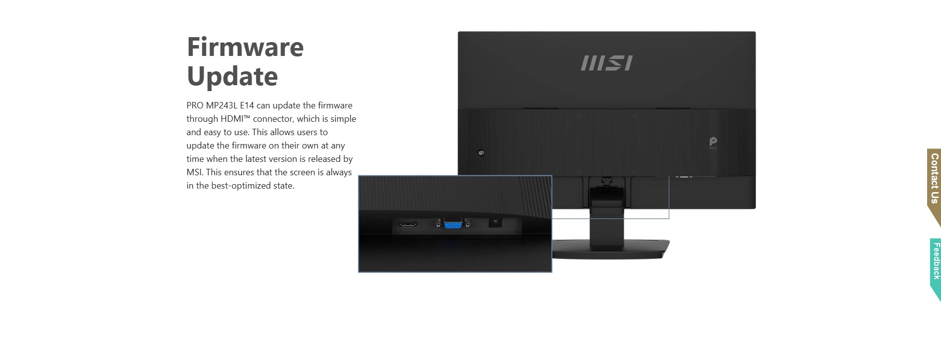 MSI MP243L E14 monitor displaying a colorful screen on a modern wooden desk setup