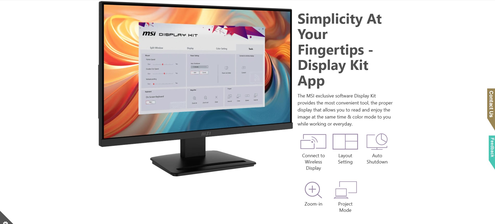 MSI MP243L E14 monitor displaying a colorful screen on a modern wooden desk setup