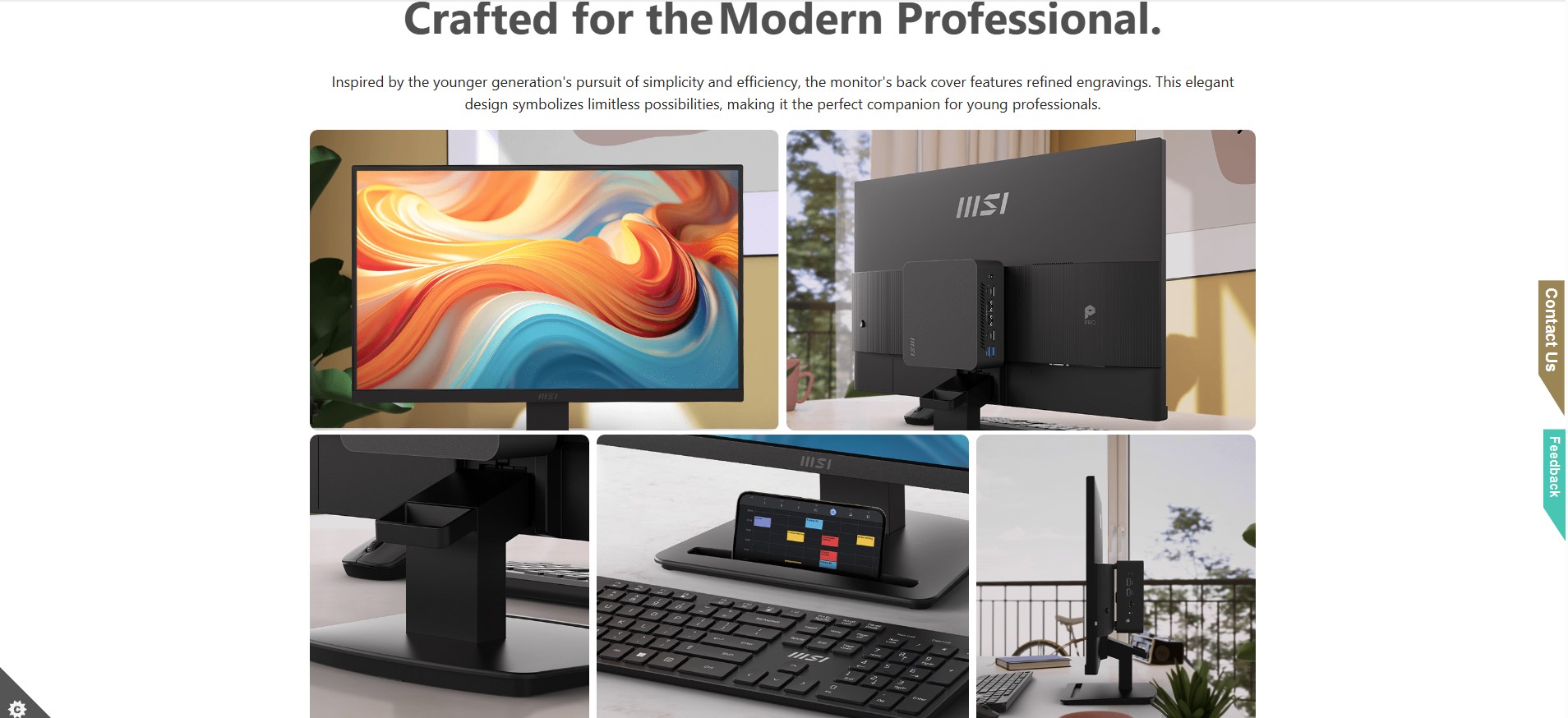 MSI MP243L E14 monitor displaying a colorful screen on a modern wooden desk setup