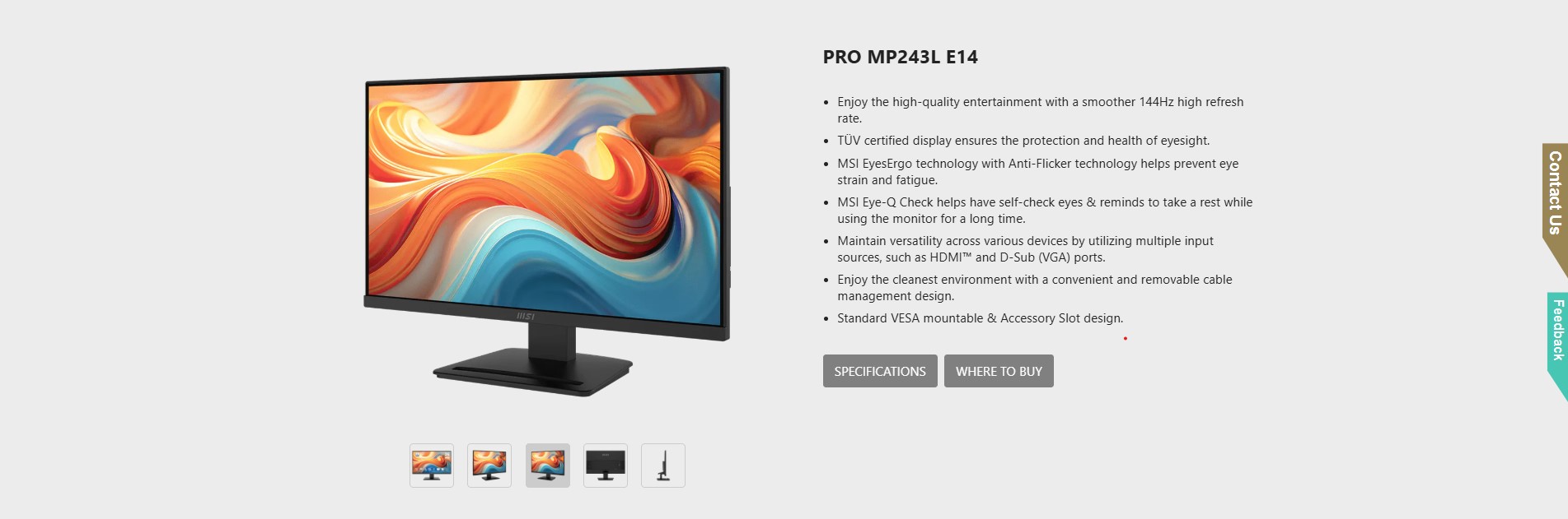 MSI MP243L E14 monitor displaying a colorful screen on a modern wooden desk setup