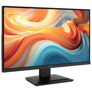 MSI MP243L E14 monitor displaying a colorful screen on a modern wooden desk setup