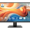 MSI MP243L E14 monitor displaying a colorful screen on a modern wooden desk setup