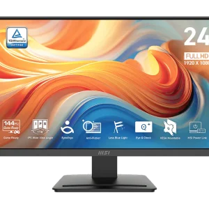 MSI MP243L E14 monitor displaying a colorful screen on a modern wooden desk setup