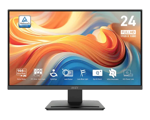 MSI MP243L E14 monitor displaying a colorful screen on a modern wooden desk setup