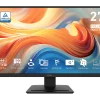 MSI MP273L E14 monitor displaying a colorful screen on a modern wooden desk setup