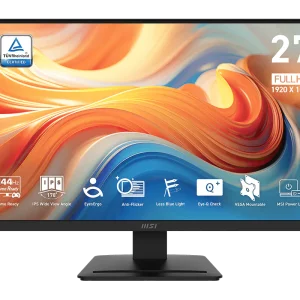 MSI MP273L E14 monitor displaying a colorful screen on a modern wooden desk setup