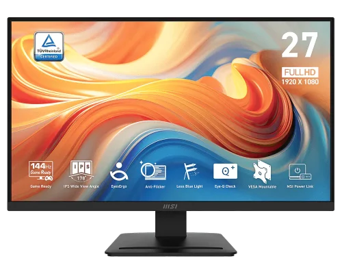 MSI MP273L E14 monitor displaying a colorful screen on a modern wooden desk setup