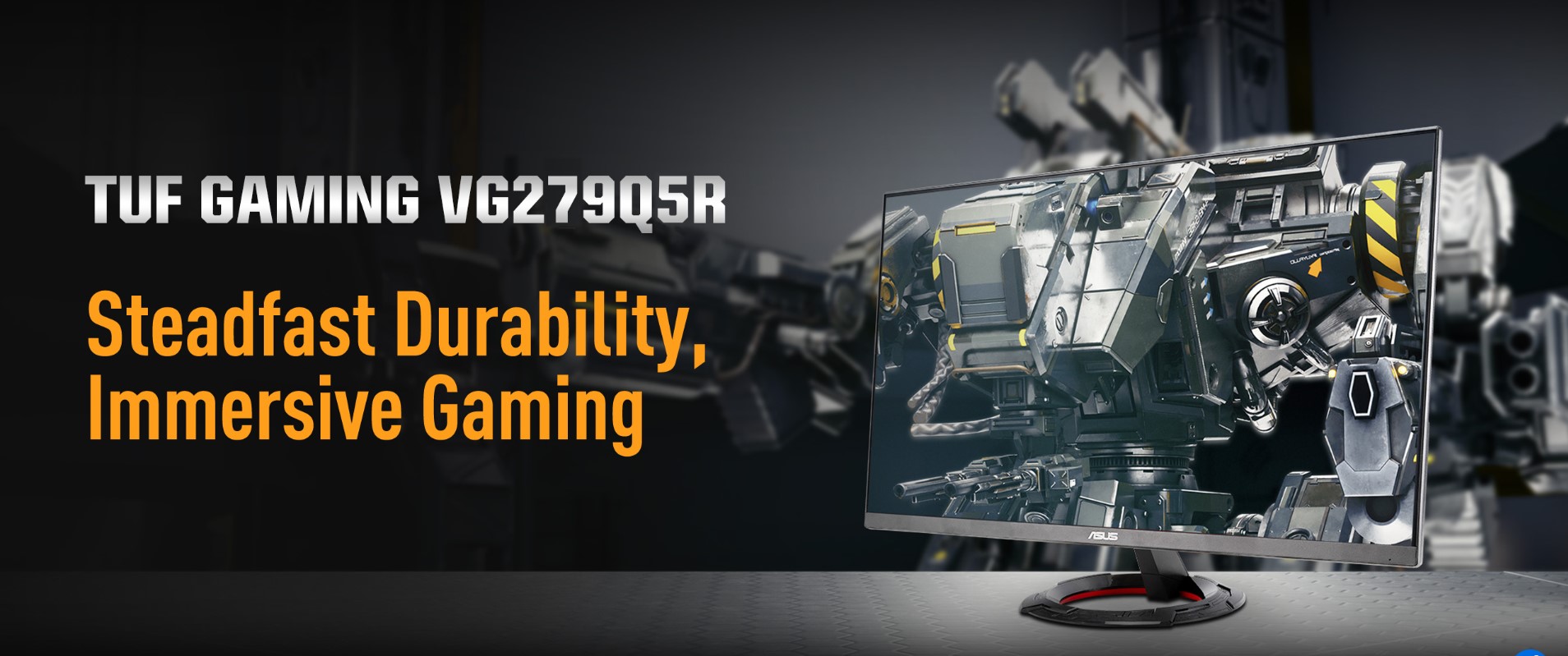 ASUS TUF Gaming VG279Q5R monitor showing the TUF Gaming logo on the screen.