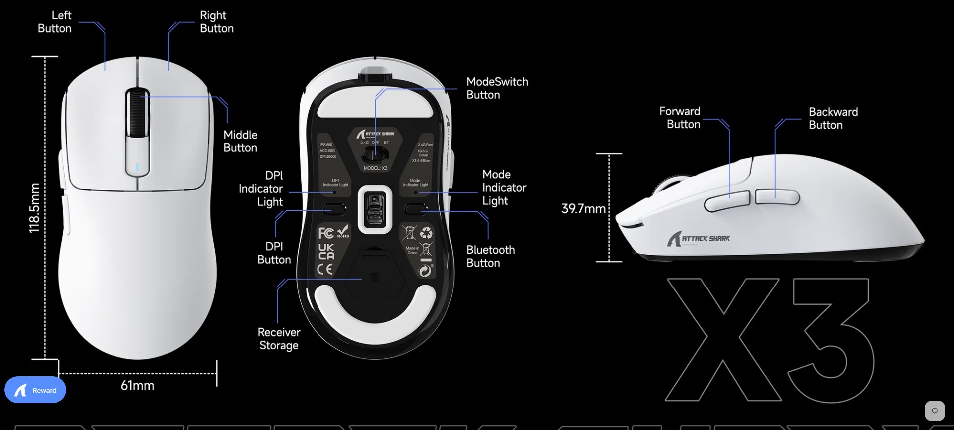 TTACK SHARK X3 lightweight wireless gaming mouse in white