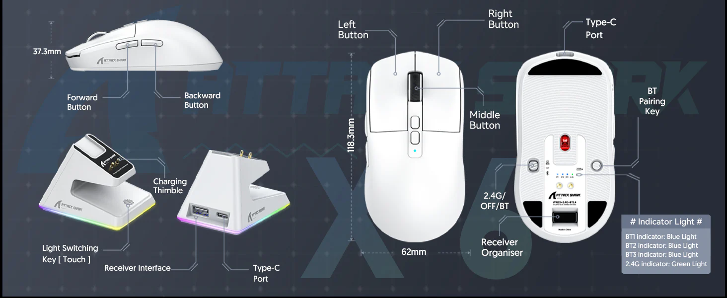 ATTACK SHARK X6 lightweight wireless gaming mouse with charging dock
