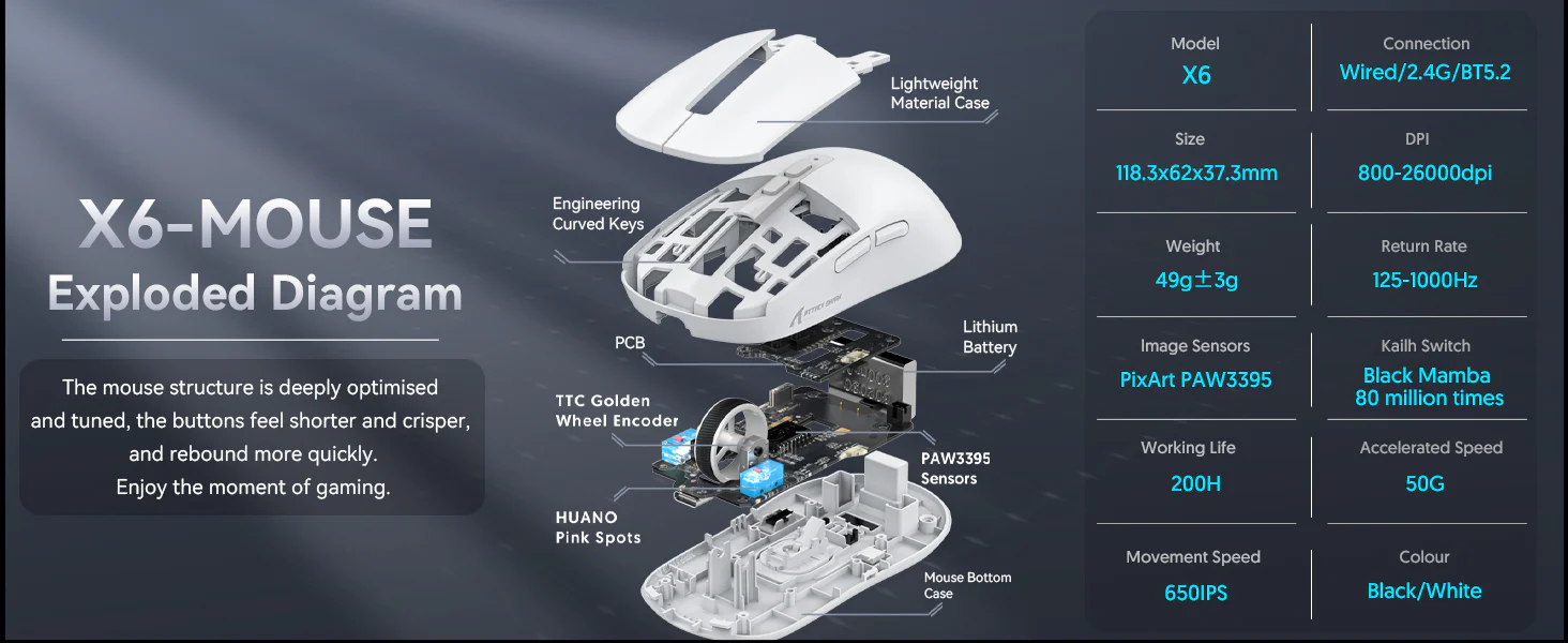 ATTACK SHARK X6 lightweight wireless gaming mouse with charging dock