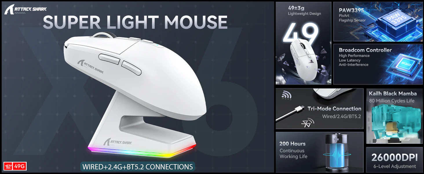 ATTACK SHARK X6 lightweight wireless gaming mouse with charging dock